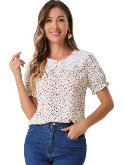 Floral Vintage Ruffled Short Sleeve Peter Pan Blouse