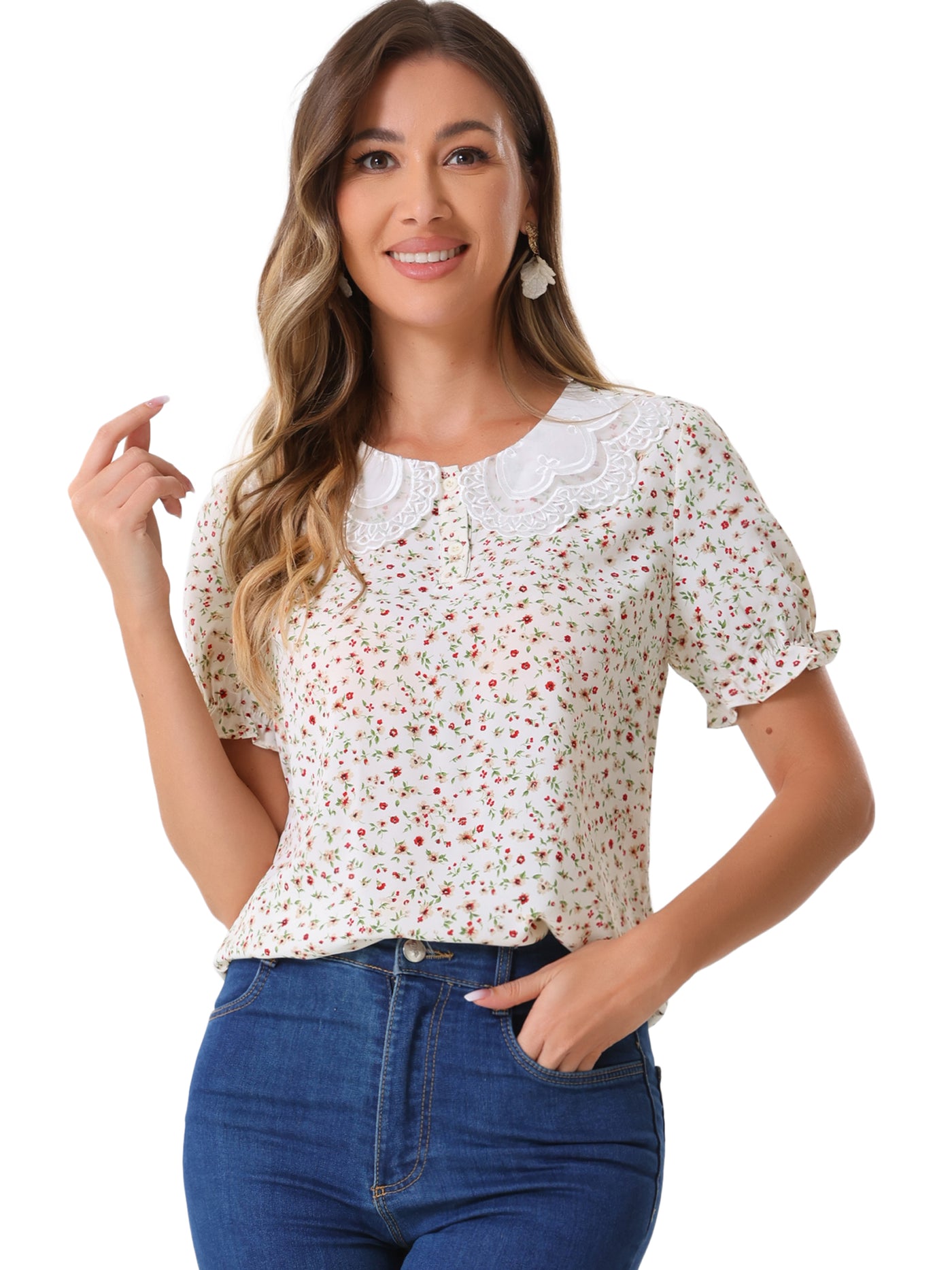 Allegra K Floral Vintage Ruffled Short Sleeve Peter Pan Blouse