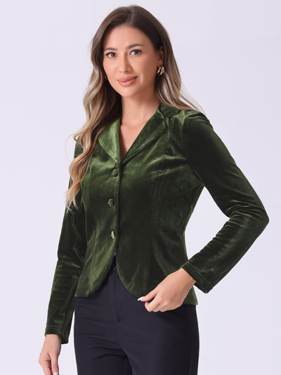 Notched Lapel Long Sleeve Office Business Button Velvet Blazer