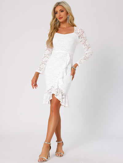 Square Neck Lace Long Sleeves Mermaid Midi Dress