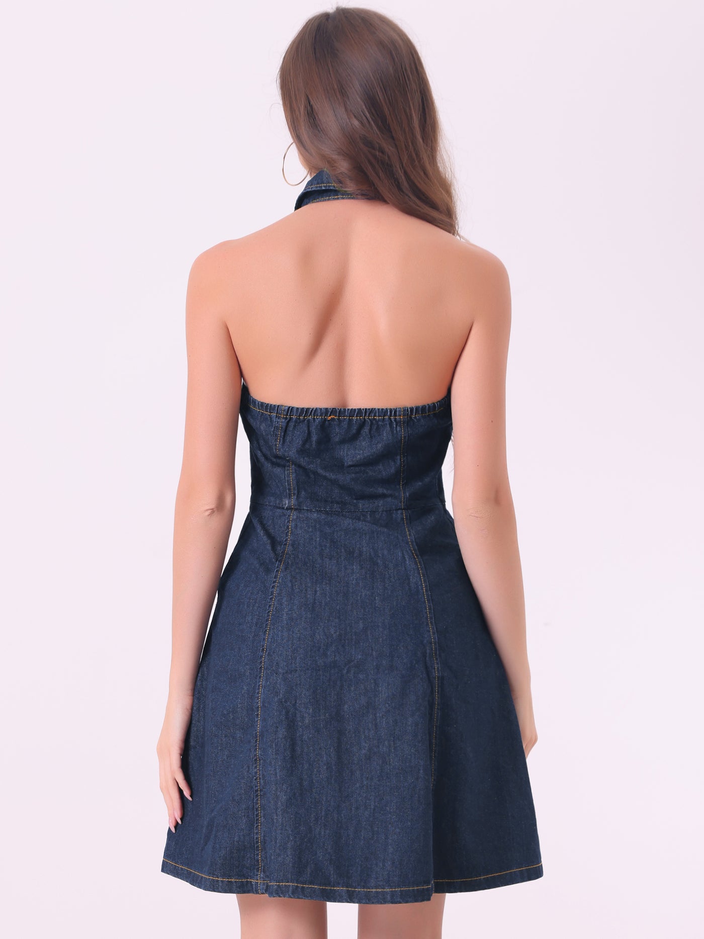 Allegra K Denim Halter Neck Button Down Backless A-Line Mini Shirt Dress