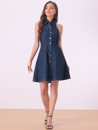 Denim Halter Neck Button Down Backless A-Line Mini Shirt Dress