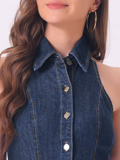 Denim Halter Neck Button Down Backless A-Line Mini Shirt Dress