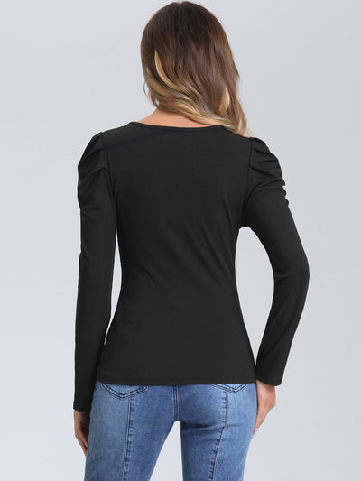 Puff Sleeve Square Neck Long Sleeve Ribbed Knit Blouse