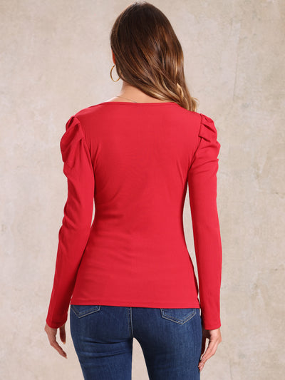 Puff Sleeve Square Neck Long Sleeve Ribbed Knit Blouse