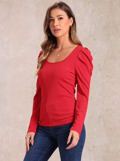 Puff Sleeve Square Neck Long Sleeve Ribbed Knit Blouse