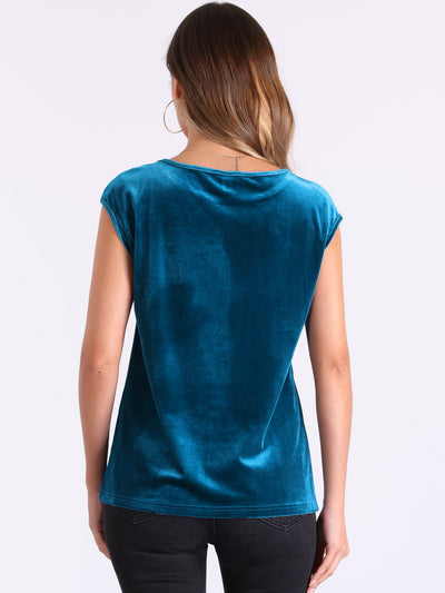 Velvet Cap Sleeve Casual Basic Round Neck Blouse