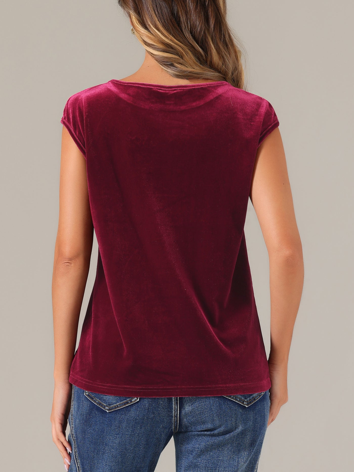 Allegra K Velvet Cap Sleeve Casual Basic Round Neck Blouse