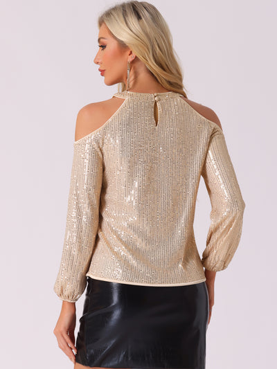 Sequin Sparkle Glitter Long Sleeve Cold Shoulder Party Tops