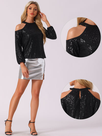 Sequin Sparkle Glitter Long Sleeve Cold Shoulder Party Tops