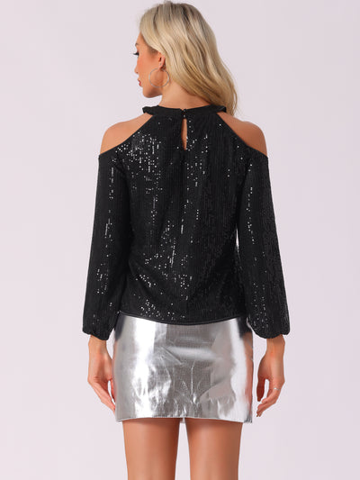 Sequin Sparkle Glitter Long Sleeve Cold Shoulder Party Tops