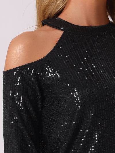 Sequin Sparkle Glitter Long Sleeve Cold Shoulder Party Tops