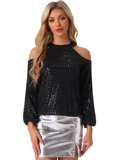 Sequin Sparkle Glitter Long Sleeve Cold Shoulder Party Tops