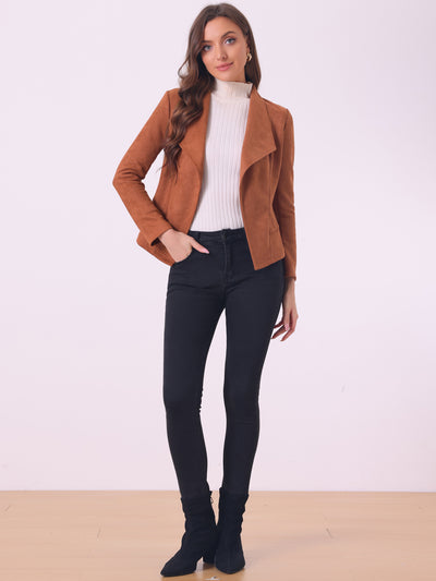 Faux Suede Jacket Open Front Lapel Draped Outwear Cardigan