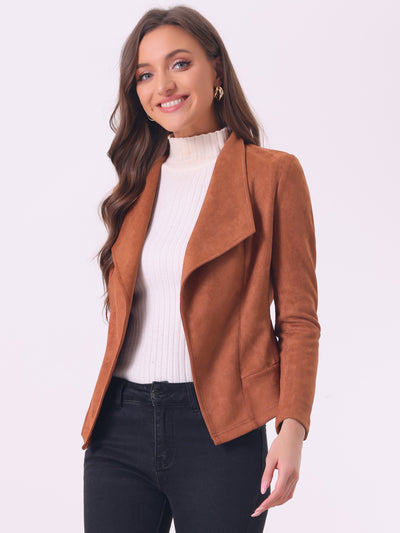 Faux Suede Jacket Open Front Lapel Draped Outwear Cardigan