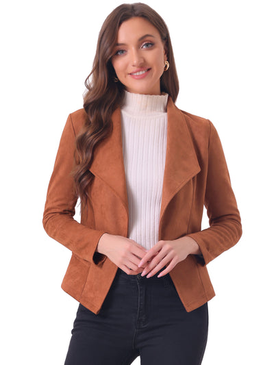 Faux Suede Jacket Open Front Lapel Draped Outwear Cardigan