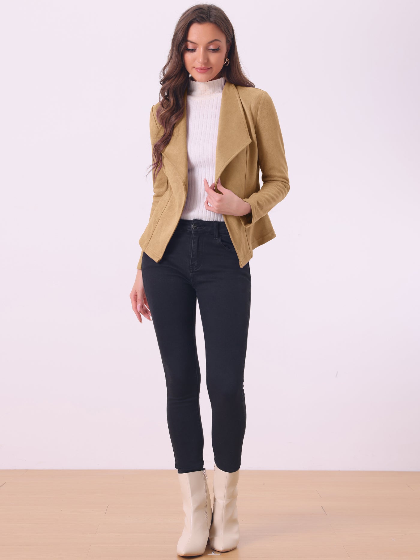 Allegra K Faux Suede Jacket Open Front Lapel Draped Outwear Cardigan