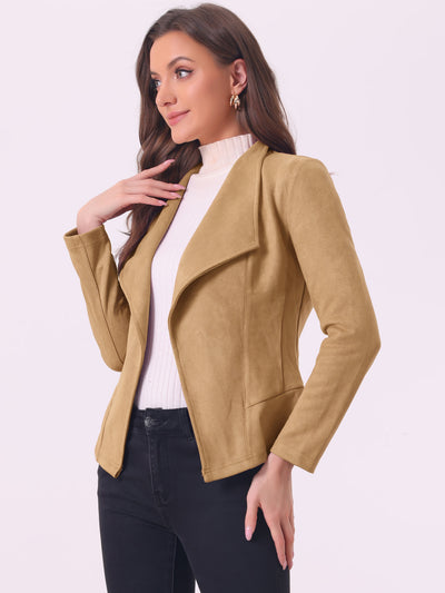 Faux Suede Jacket Open Front Lapel Draped Outwear Cardigan