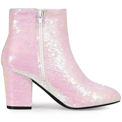 Women's Round Toe Sequins Block Heels Ankle Boots