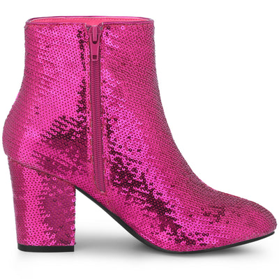 Women's Round Toe Sequins Block Heels Ankle Boots