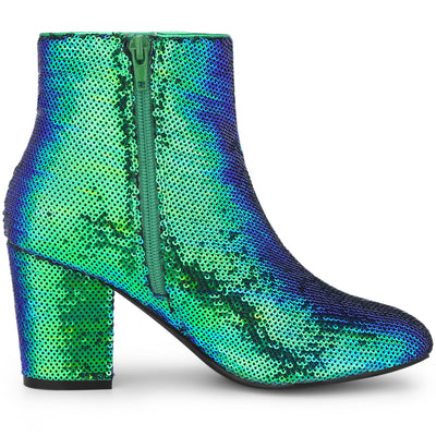 Women's Round Toe Sequins Block Heels Ankle Boots