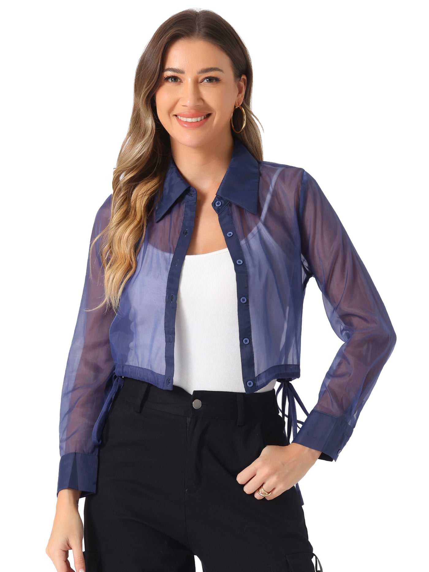 Allegra K See Through Long Sleeve Drawstring Hem Button Cropped Mesh Jacket