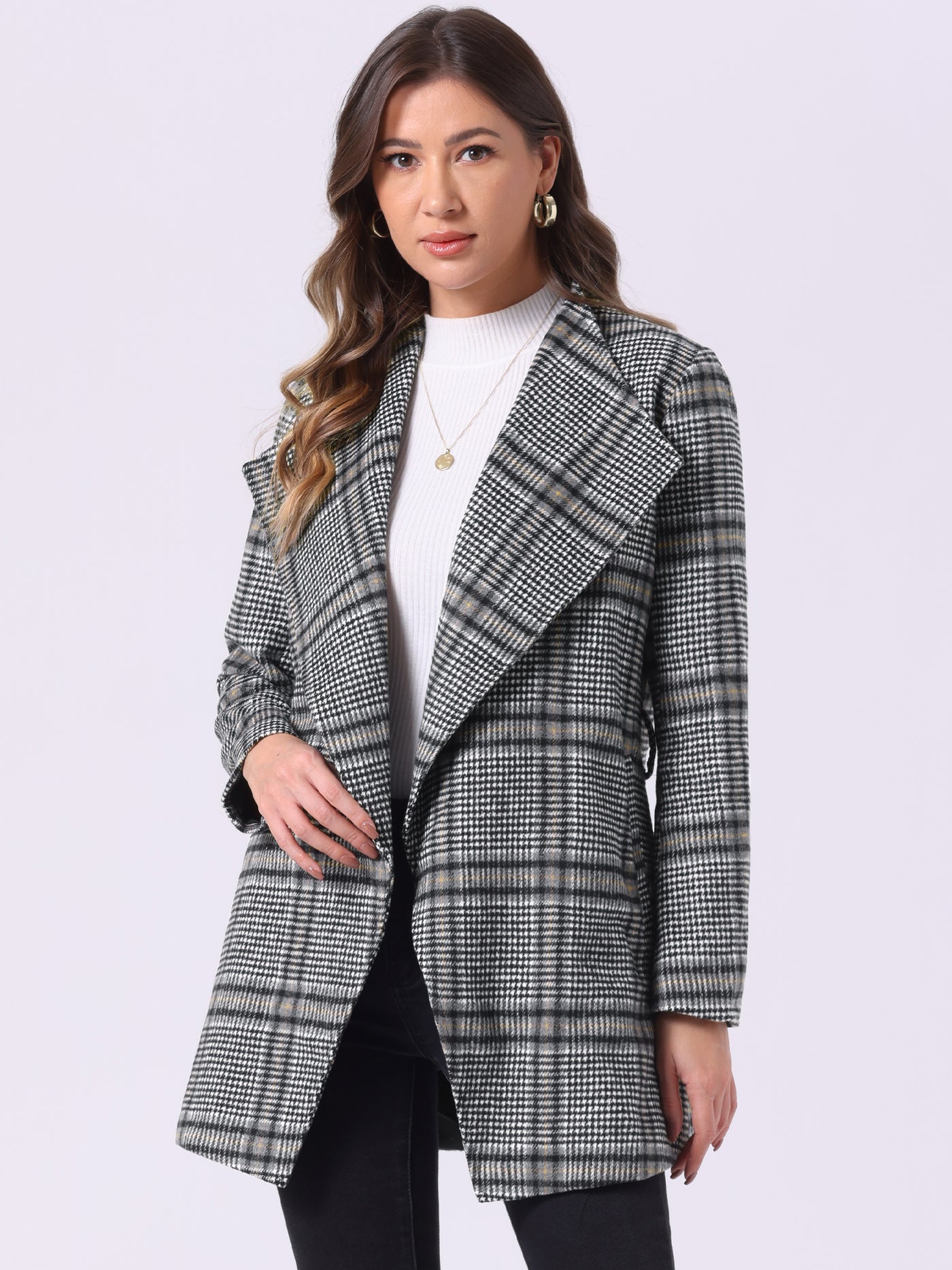 Allegra K Belted Wrap Outerwear Shawl Collar Asymmetric Hem Plaid Coat