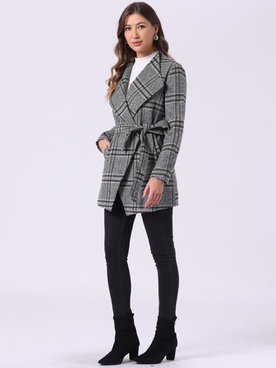 Belted Wrap Outerwear Shawl Collar Asymmetric Hem Plaid Coat