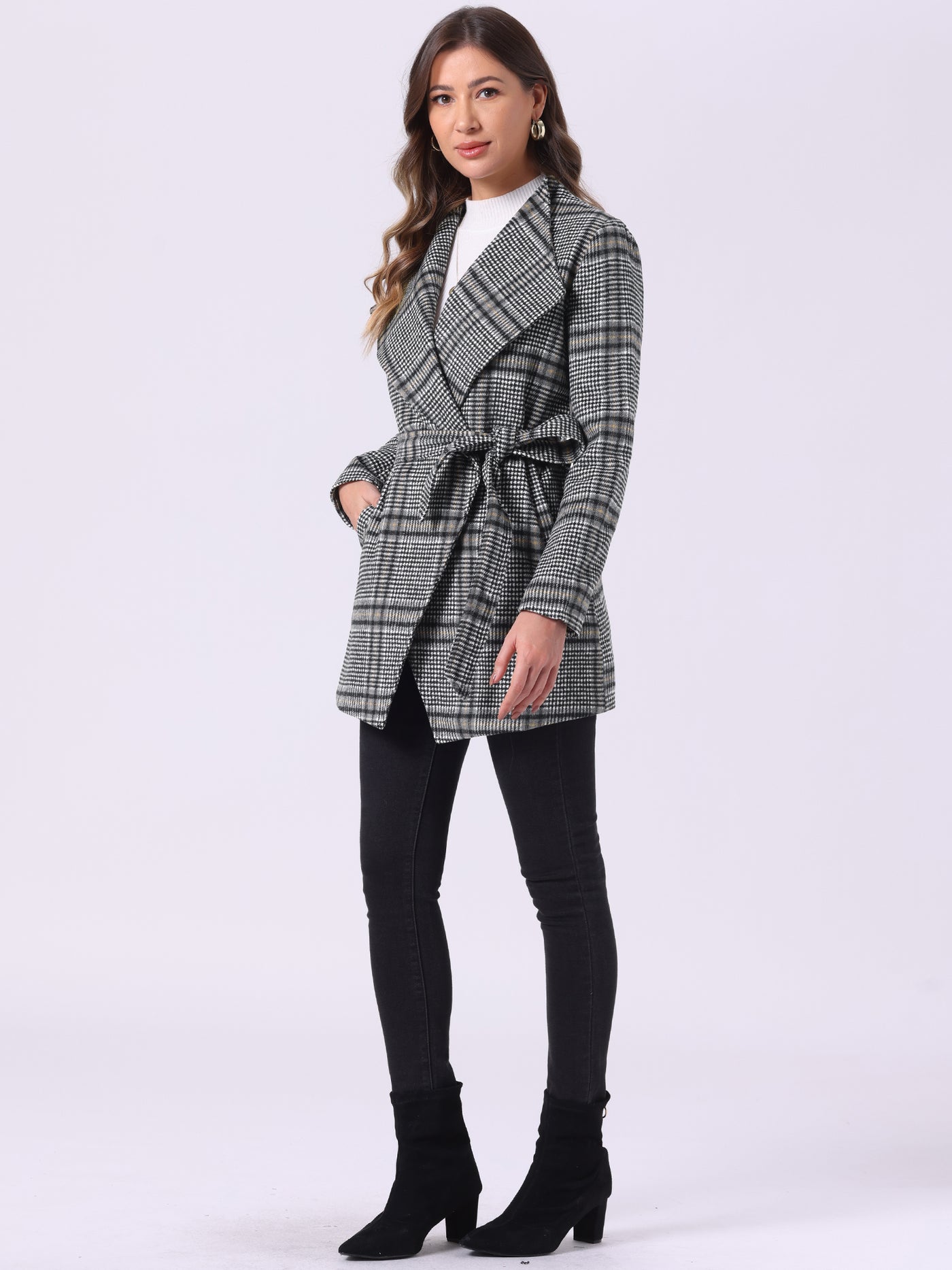 Allegra K Belted Wrap Outerwear Shawl Collar Asymmetric Hem Plaid Coat