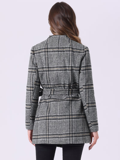 Belted Wrap Outerwear Shawl Collar Asymmetric Hem Plaid Coat