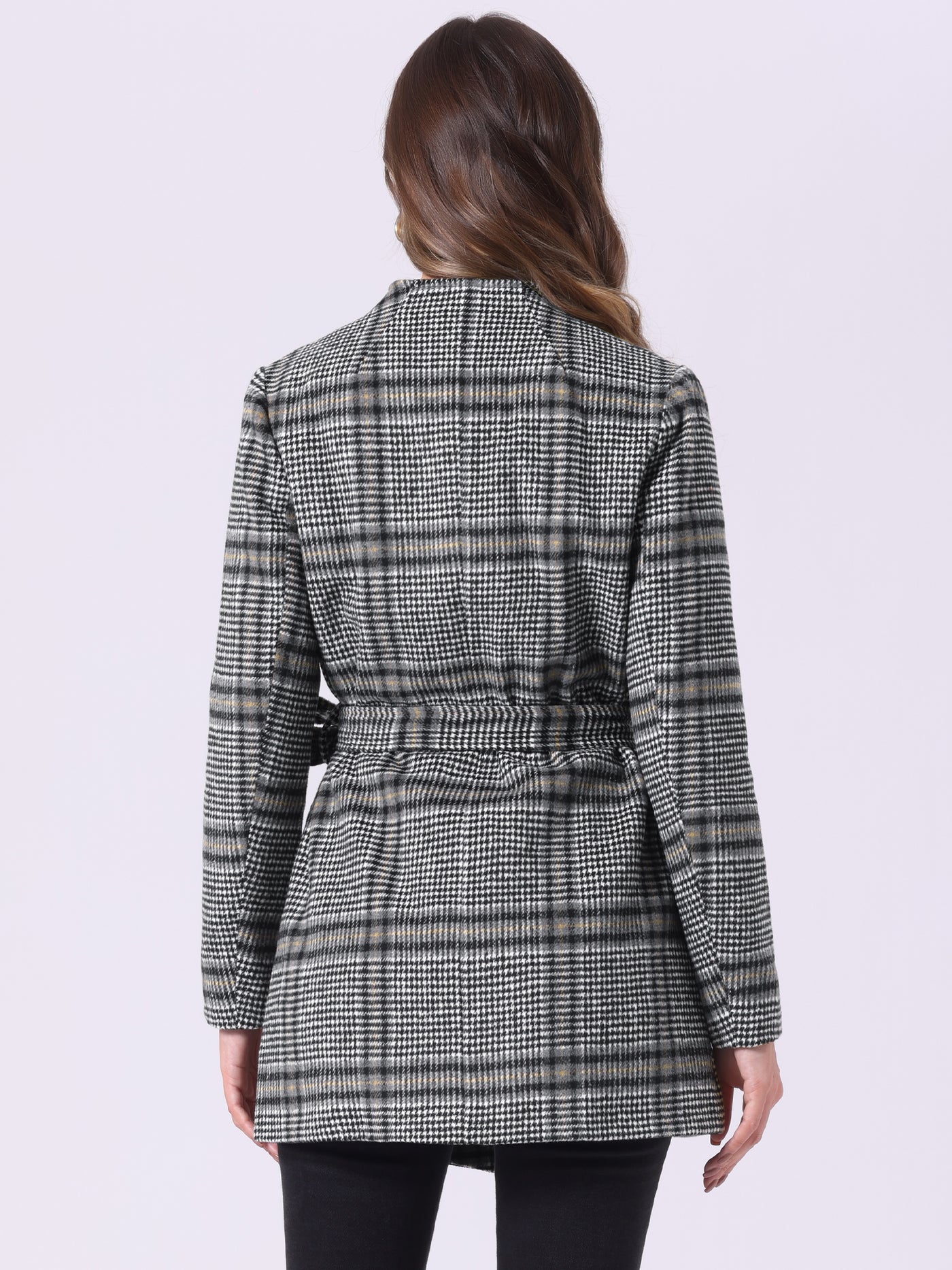 Allegra K Belted Wrap Outerwear Shawl Collar Asymmetric Hem Plaid Coat