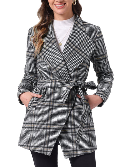 Belted Wrap Outerwear Shawl Collar Asymmetric Hem Plaid Coat