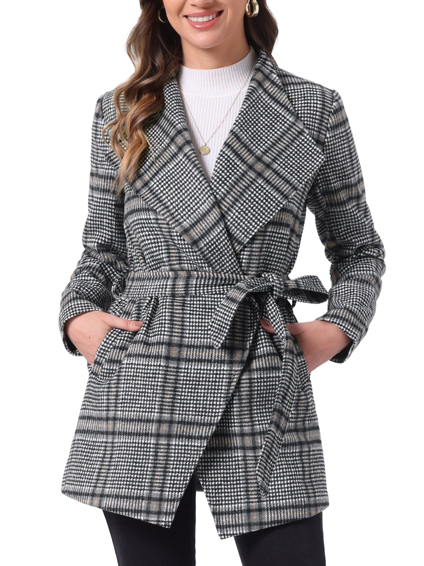 Allegra K Belted Wrap Outerwear Shawl Collar Asymmetric Hem Plaid Coat