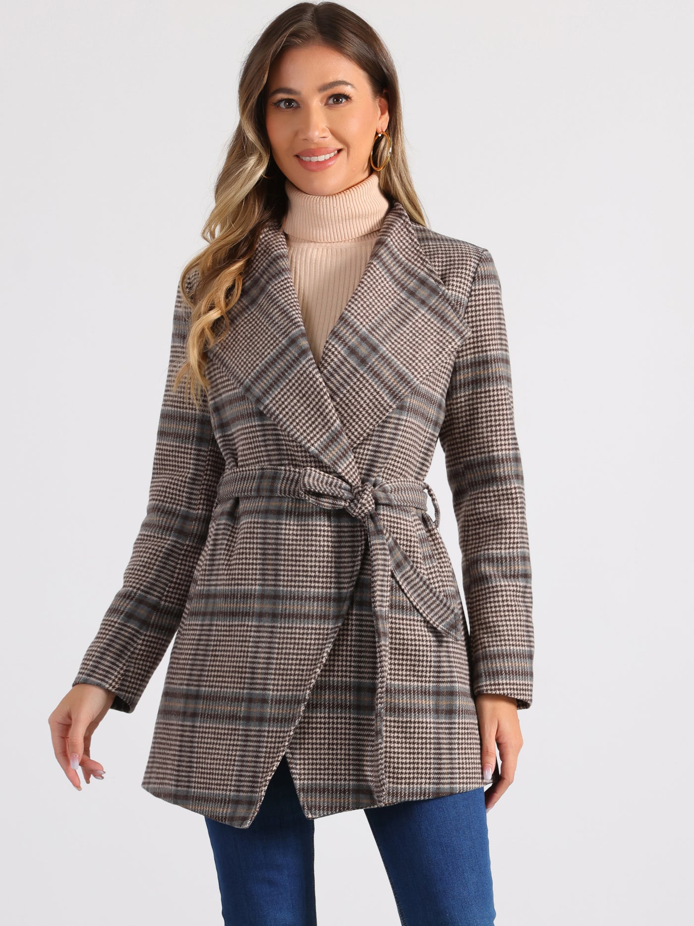 Allegra K Belted Wrap Outerwear Shawl Collar Asymmetric Hem Plaid Coat