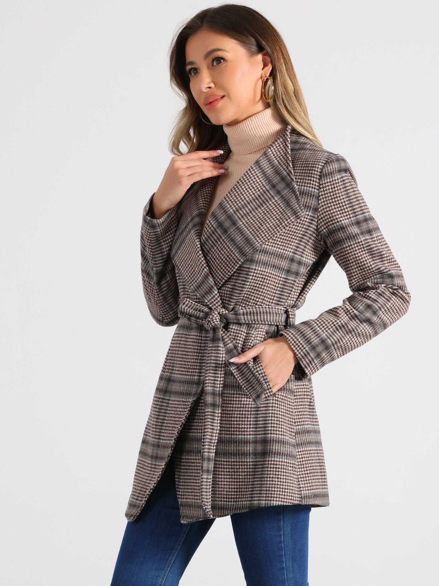 Allegra K Belted Wrap Outerwear Shawl Collar Asymmetric Hem Plaid Coat