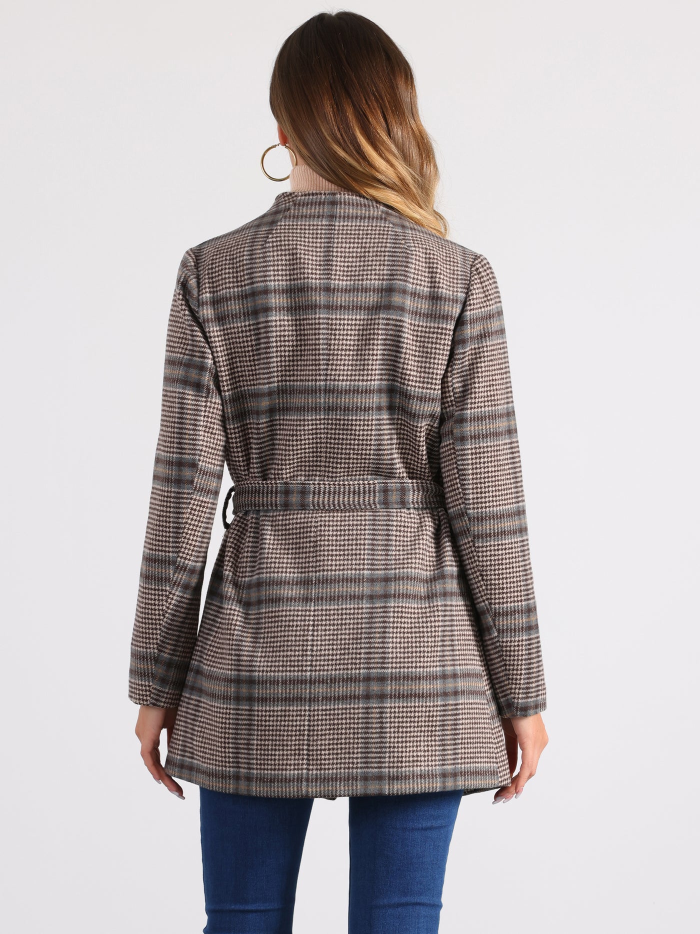 Allegra K Belted Wrap Outerwear Shawl Collar Asymmetric Hem Plaid Coat