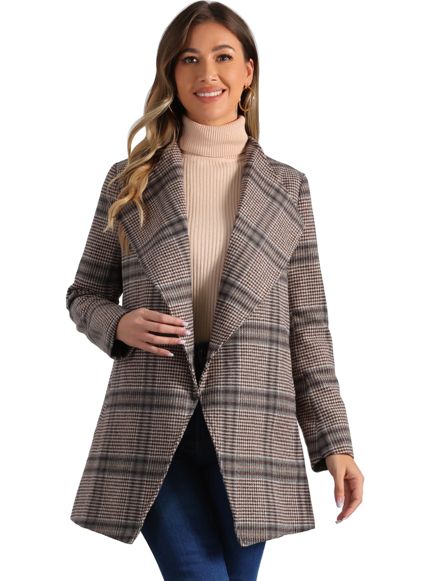 Allegra K Belted Wrap Outerwear Shawl Collar Asymmetric Hem Plaid Coat