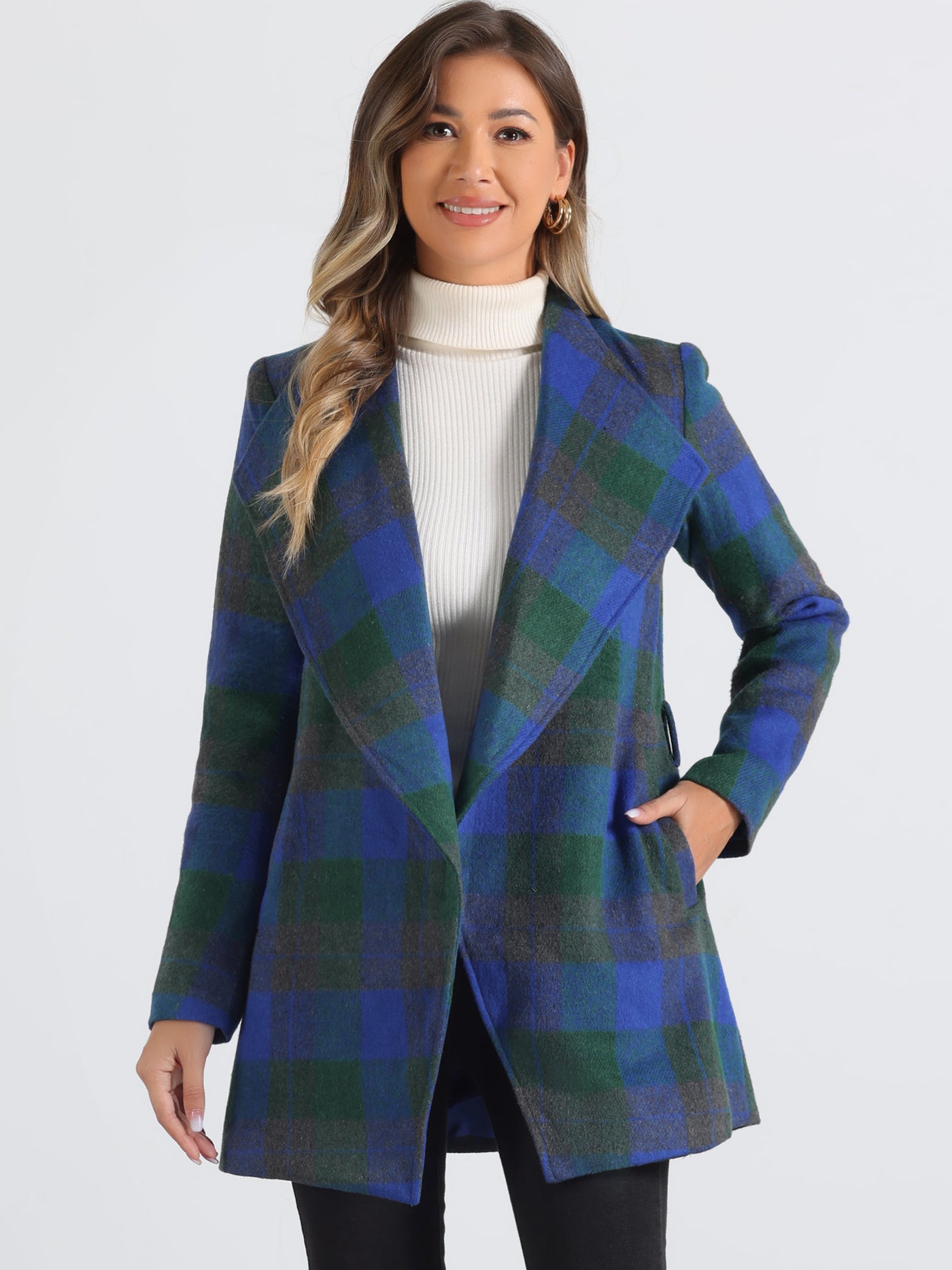 Allegra K Belted Wrap Outerwear Shawl Collar Asymmetric Hem Plaid Coat