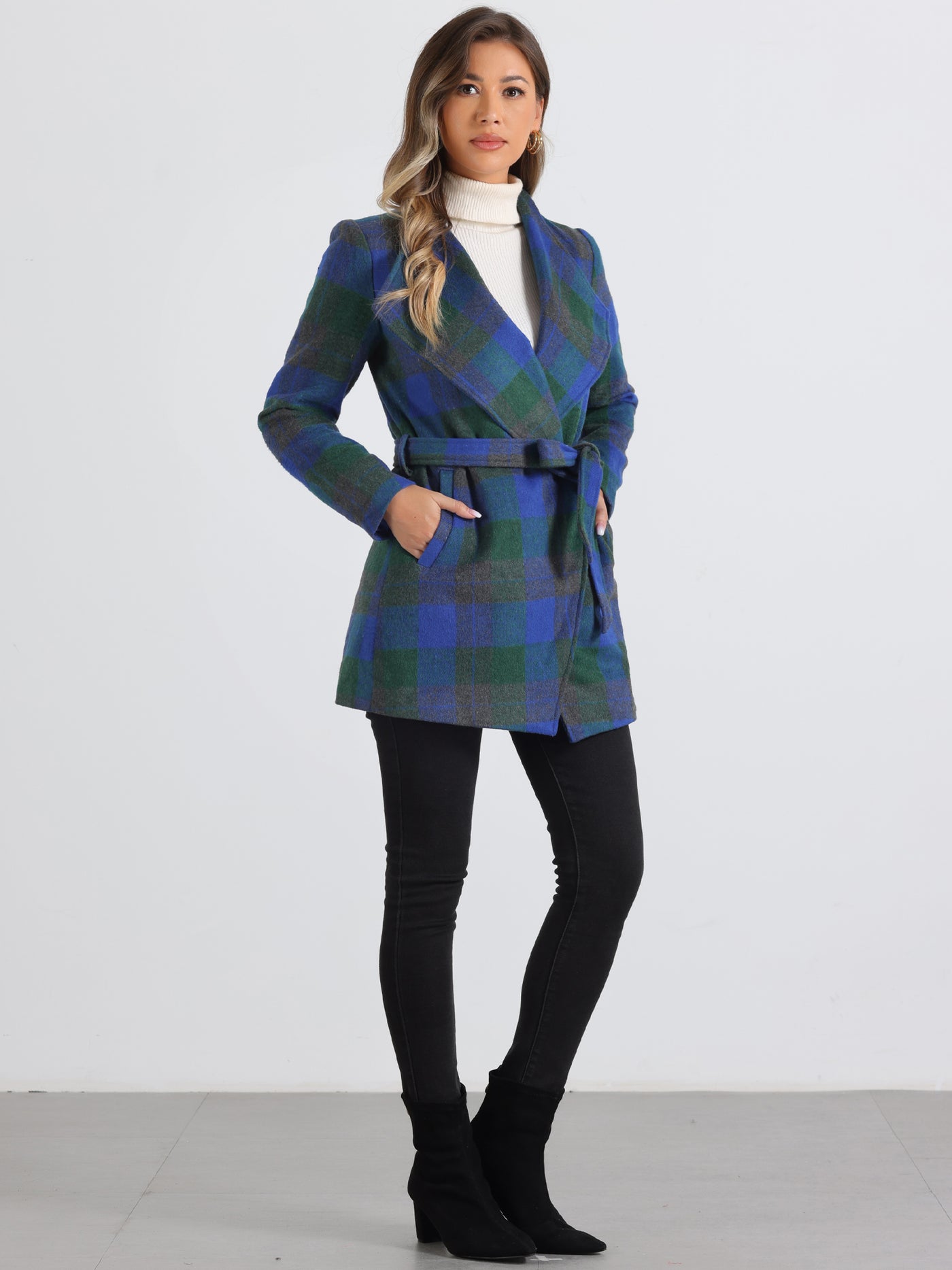 Allegra K Belted Wrap Outerwear Shawl Collar Asymmetric Hem Plaid Coat