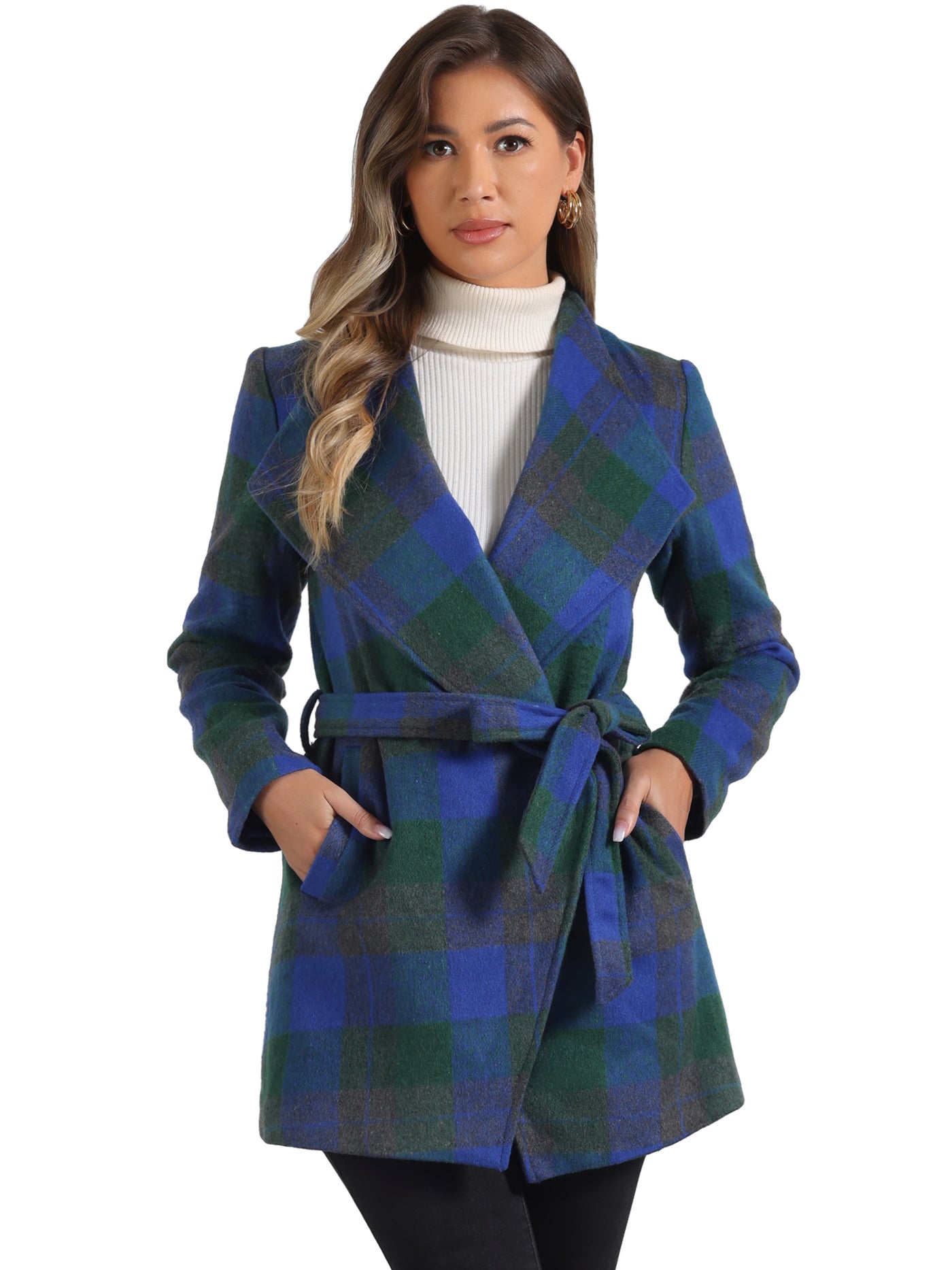 Allegra K Belted Wrap Outerwear Shawl Collar Asymmetric Hem Plaid Coat