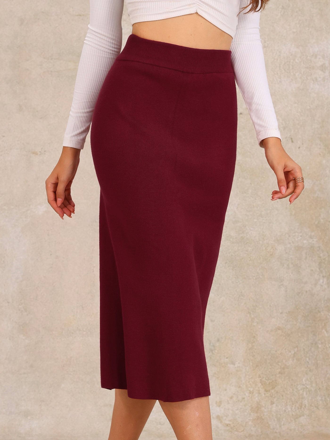 Allegra K High Waist Slit Sweater Pencil Knit Midi Bodycon Skirt