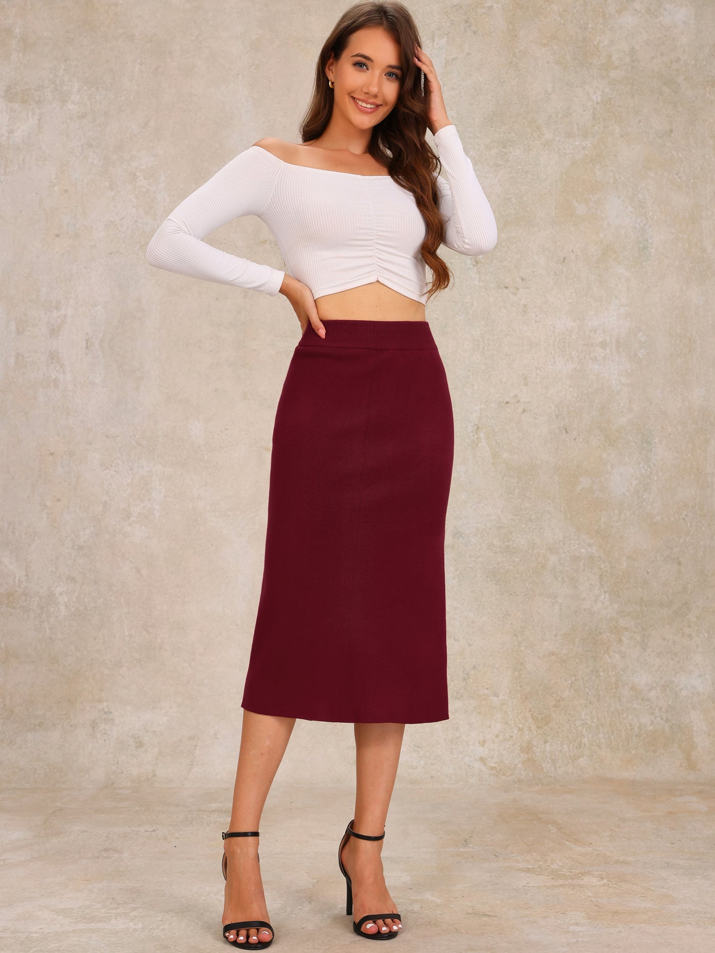 Allegra K High Waist Slit Sweater Pencil Knit Midi Bodycon Skirt