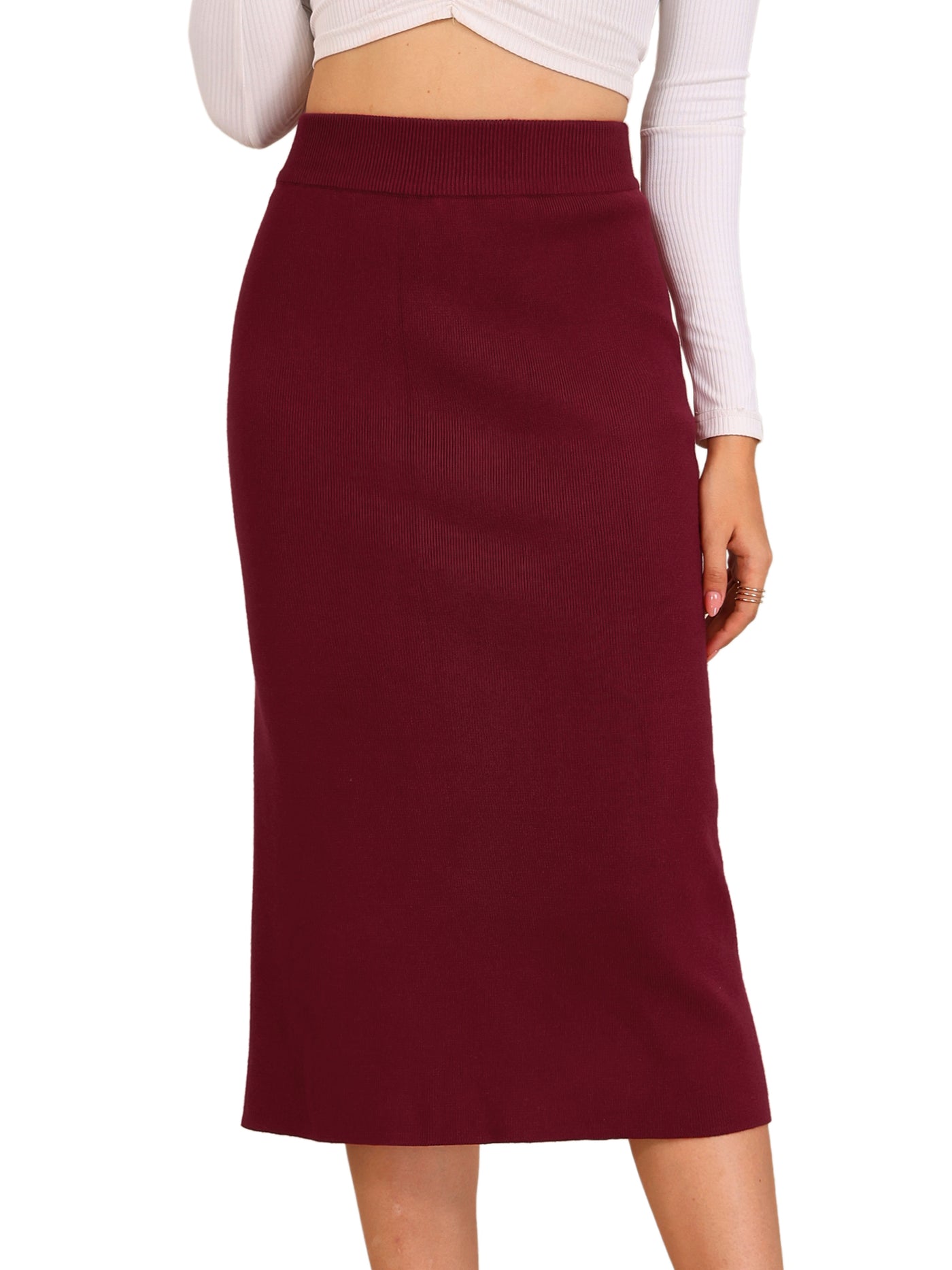 Allegra K High Waist Slit Sweater Pencil Knit Midi Bodycon Skirt