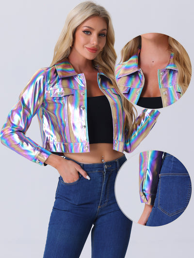 Metallic Biker Holographic Button Down Shiny Jacket