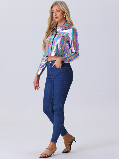 Metallic Biker Holographic Button Down Shiny Jacket