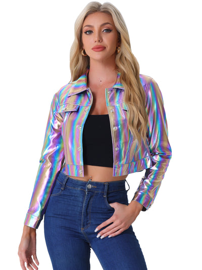 Metallic Biker Holographic Button Down Shiny Jacket