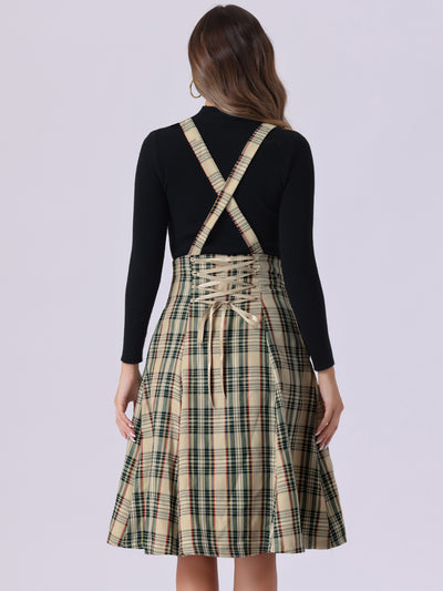 Plaid Overall Tartan Pinafore Suspender Midi Skirt