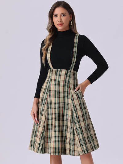 Plaid Overall Tartan Pinafore Suspender Midi Skirt