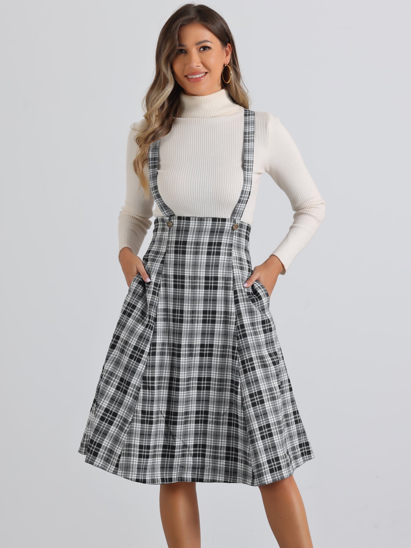 Allegra K Plaid Overall Tartan Pinafore Suspender Midi Skirt