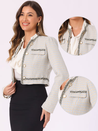 Stand Collar Double Breasted Elegant Plaid Tweed Crop Jacket